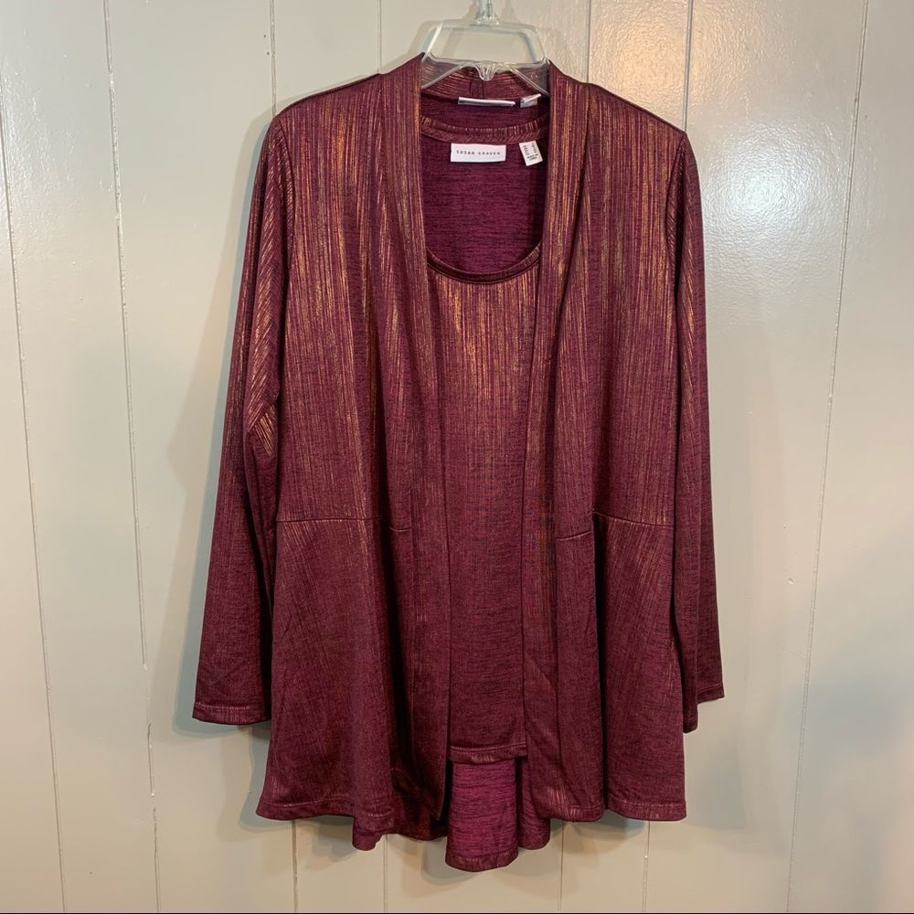 Susan Graver Burgundy Gold Long Sleeve Waterfall Open Tank Top Cardigan Set S